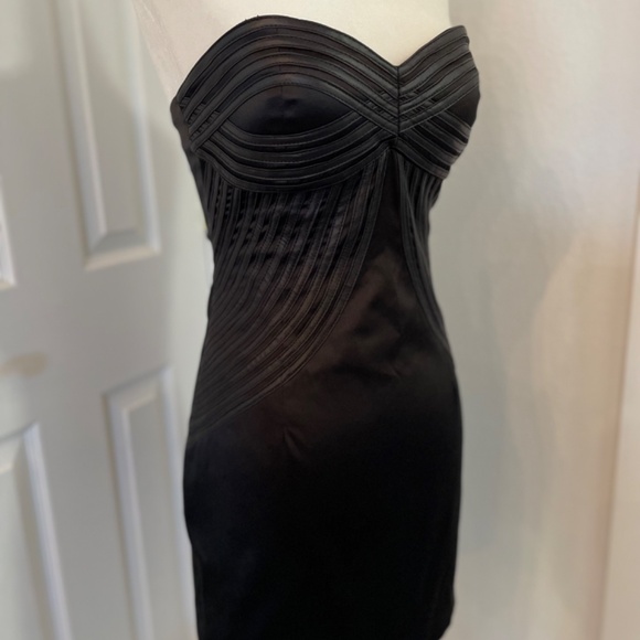 Black Satin Mini dress w/ Faux Leather accents Strapless LBD S/M - Picture 5 of 8